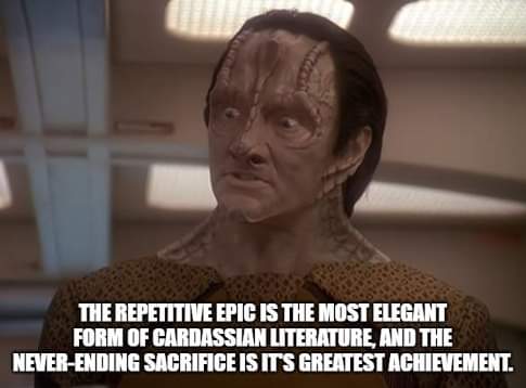 The meme features a still image of the character Data from the TV show Star Trek: The Next Generation, known for his android nature and love of human literature. The text overlayed on the image reads: "The most epic and romantic love story of all time is the one where a man sacrifices everything for the woman he loves, only to find out she's been leading a secret life as a professional wrestler."